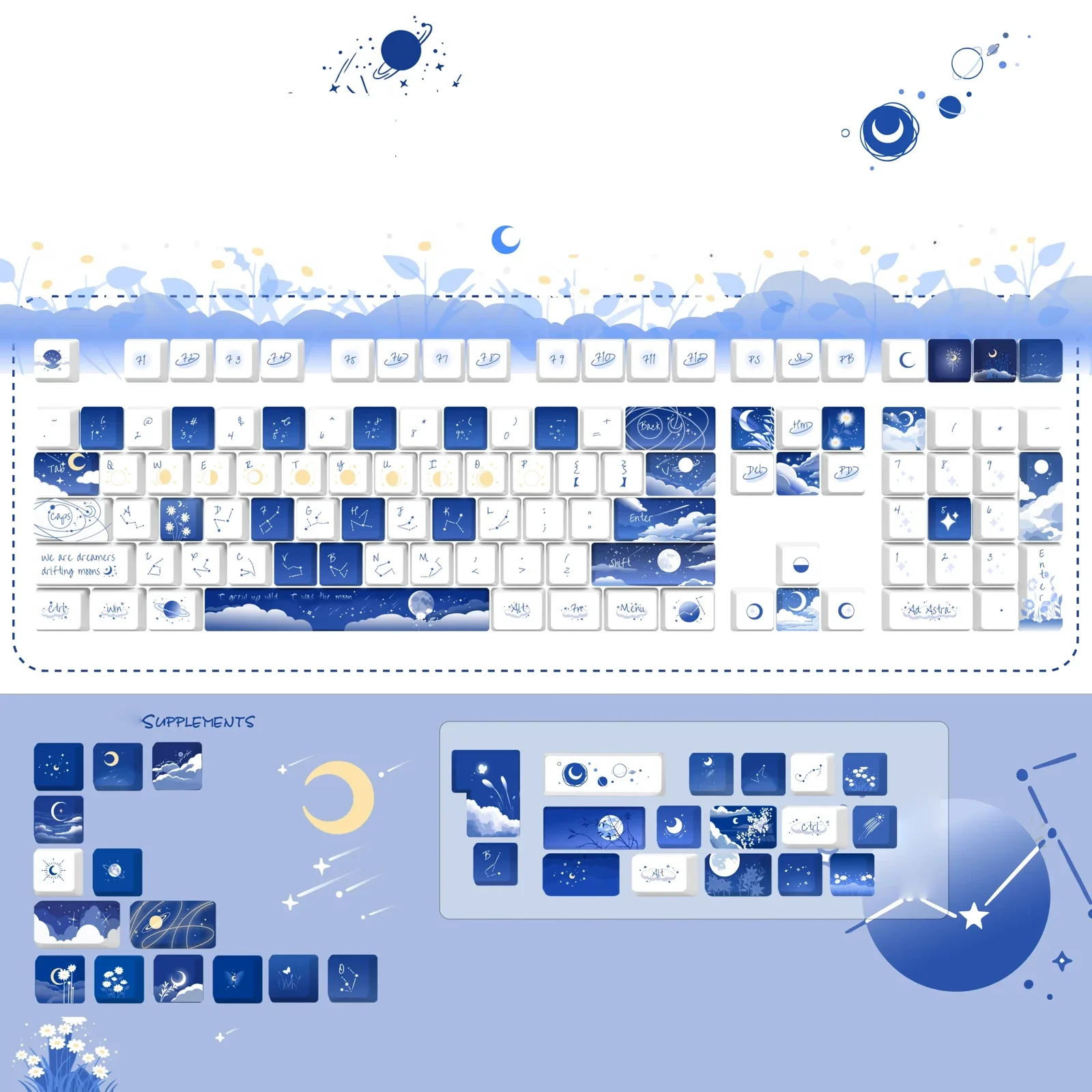 Starry PBT spherical keycap set for mechanical keyboards, showcasing a deep blue cosmic design with twinkling stars and a celestial map.