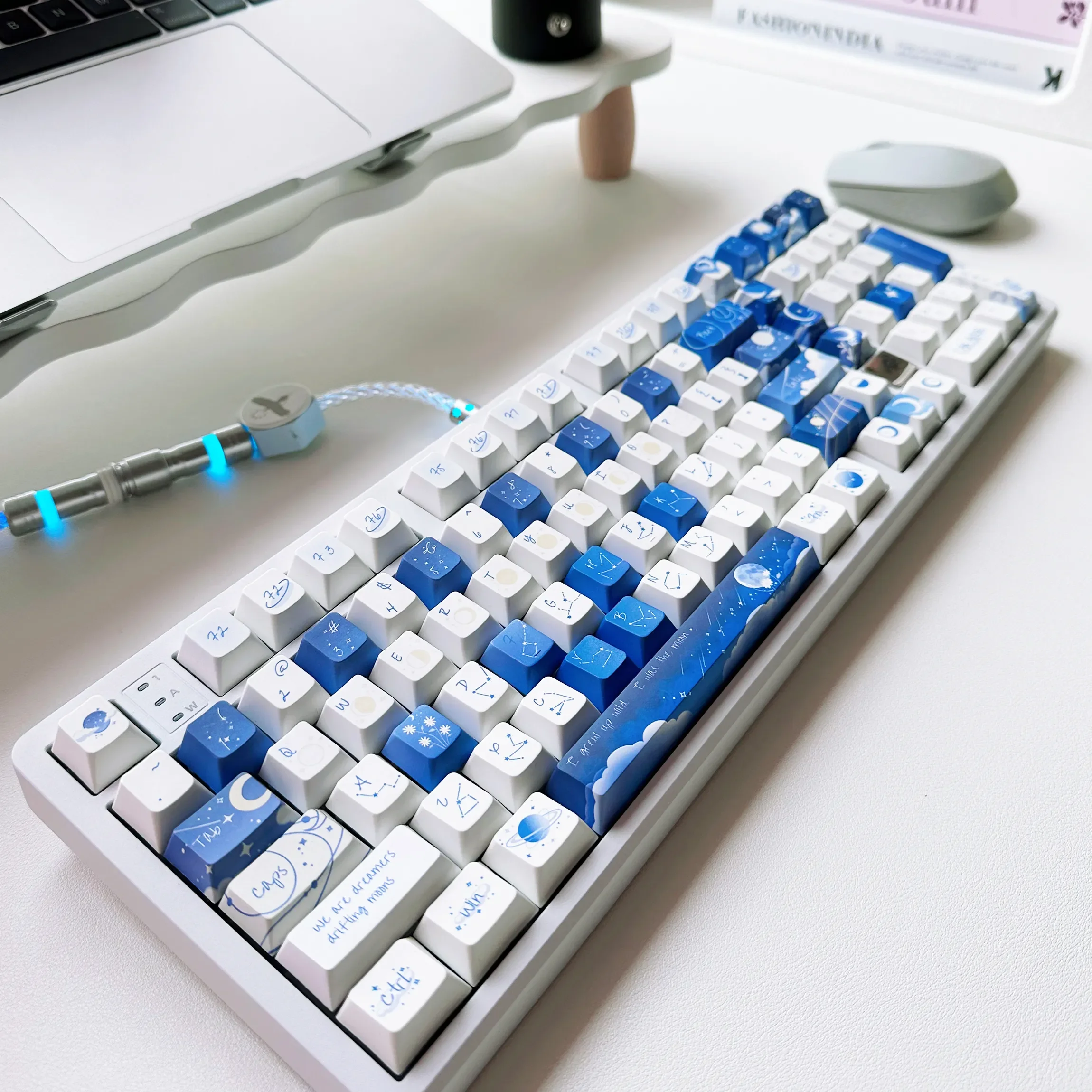 Starry PBT Spherical Keycap Set for mechanical keyboards, showcasing its durable cosmic design, deep blue hues, twinkling stars, and celestial map.