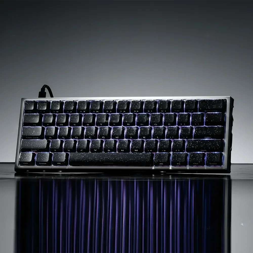 Celestial Glitter Starry Sky Keycap Set, translucent deep black PC with sparkling cosmic glitter, elegant side-engraved, magnetic compatible.