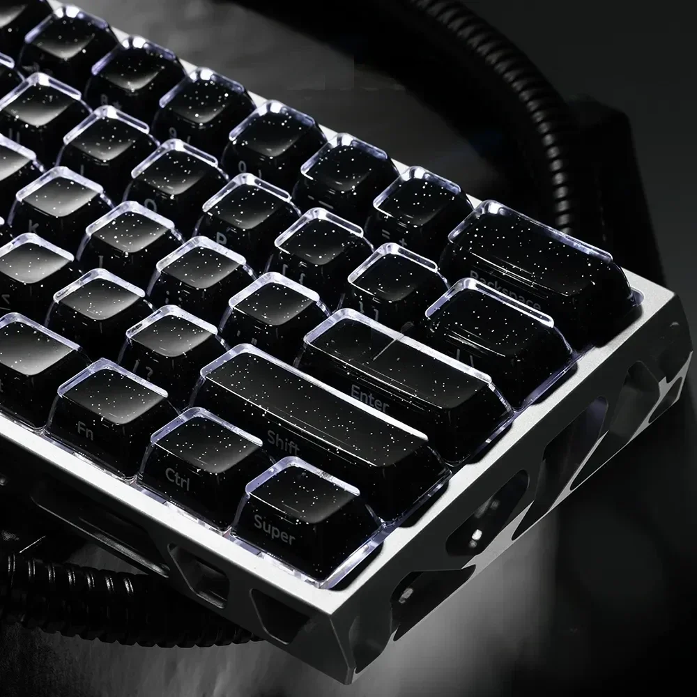 Collection of Celestial Glitter Starry Sky Keycap Set highlighting side-engraved translucent PC and cosmic aesthetic for magnetic keyboards.