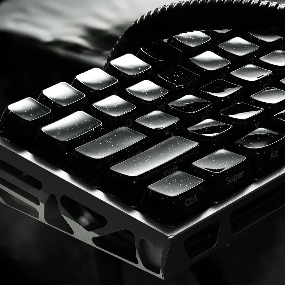 Starry Sky Keycap Set gallery featuring deep black translucent PC with celestial glitter and side-engraved legends for magnetic keyboards.