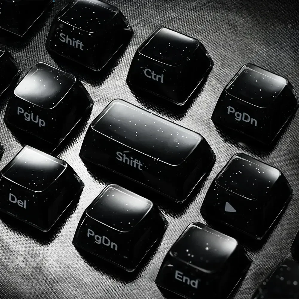 Celestial Glitter Starry Sky Keycap Set showcase deep black translucent PC with sparkling embedded cosmic glitter, side-engraved for magnetic switch.