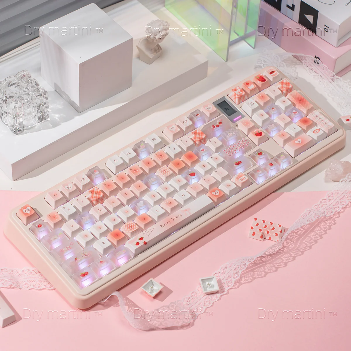 Strawberry Keycap Set in durable PBT and frosted PC. Vibrant strawberry motifs, soft pastel colors, and frosted translucent accents, all angles.