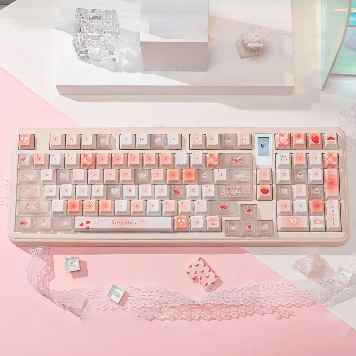 Strawberry Keycap Set crafted from durable PBT and frosted PC, displaying vibrant strawberry motifs and soft pastel translucent accents from multiple angles.