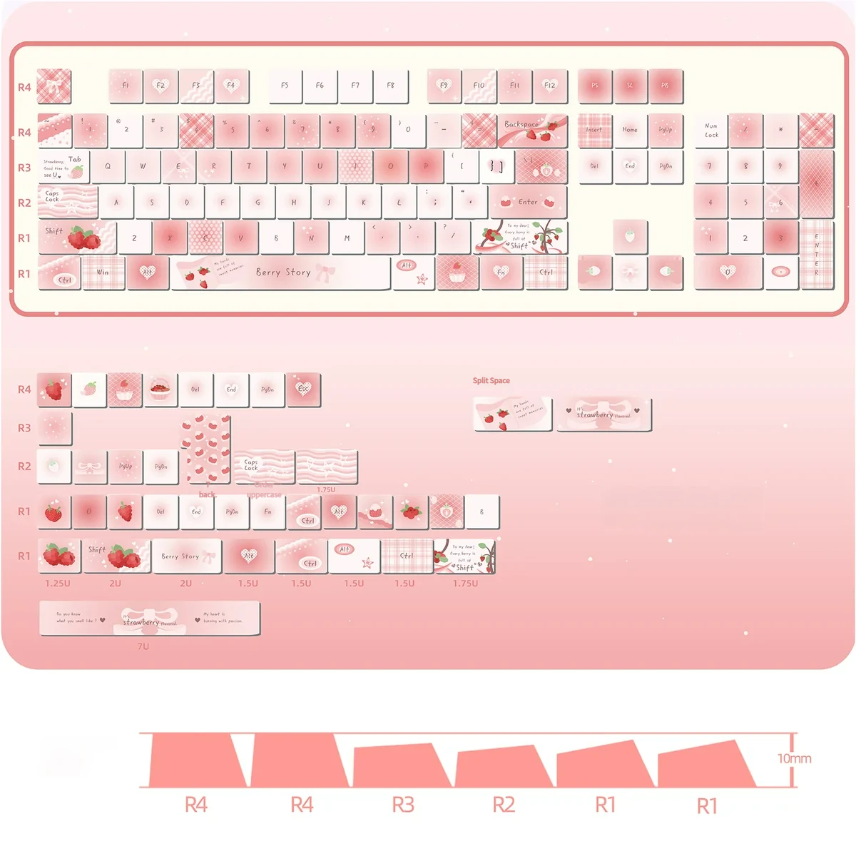 A vibrant 143-key PBT dye-sublimation strawberry keycap set, featuring a playful berry story design in soft pastel colors, emphasizing durable PBT.