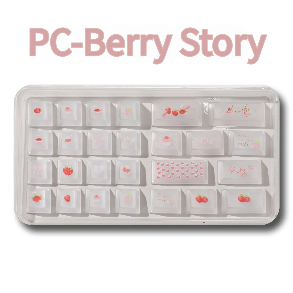 Strawberry Keycap Set's Berry Tale PC add-on pack, showcasing 26 frosted translucent PC keys with vibrant strawberry motifs for a playful, artistic keycaps.