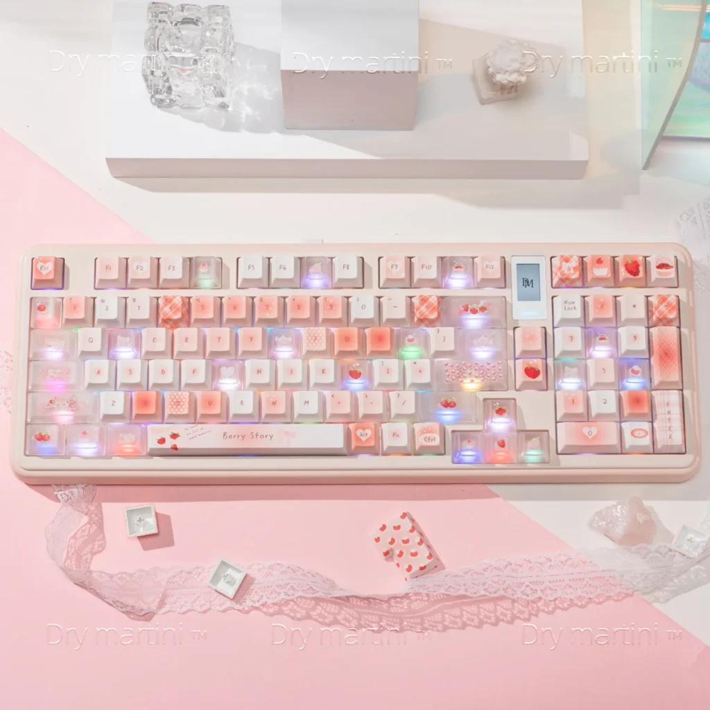 Vibrant Strawberry Keycap Set, a close-up revealing durable PBT and unique frosted PC keys. Playful strawberry motifs bloom in soft pastel colors.
