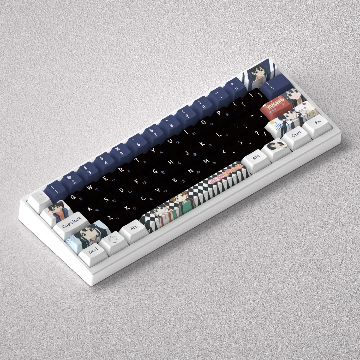 Multiple angles of the Tamako Keycaps set, showcasing premium PBT dye-sublimation and vibrant Tamako Market anime designs for mechanical keyboards.