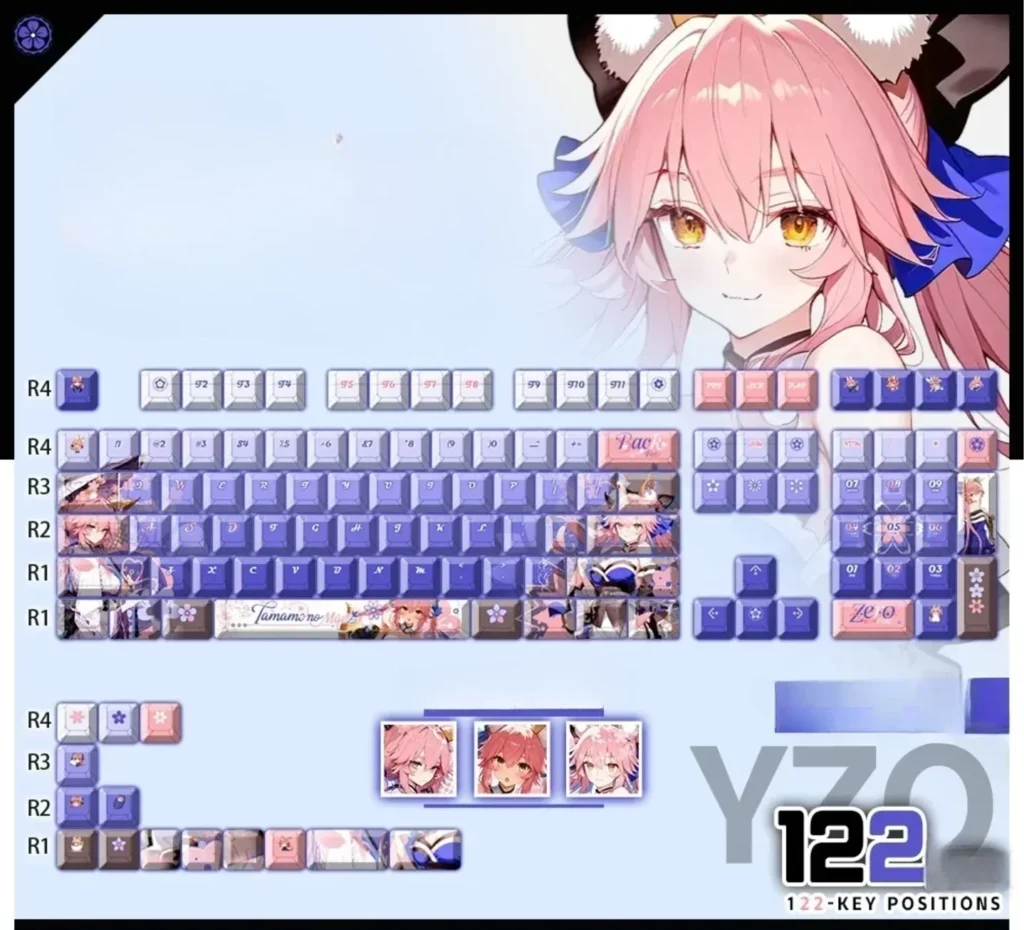 Vibrant FGO Tamamo-no-Mae PBT shine-through keycaps set, showcasing exclusive anime art and luminous legends for a mystical gaming keyboard.