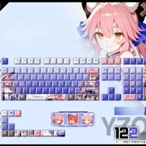 Vibrant FGO Tamamo-no-Mae PBT shine-through keycaps set, showcasing exclusive anime art and luminous legends for a mystical gaming keyboard.