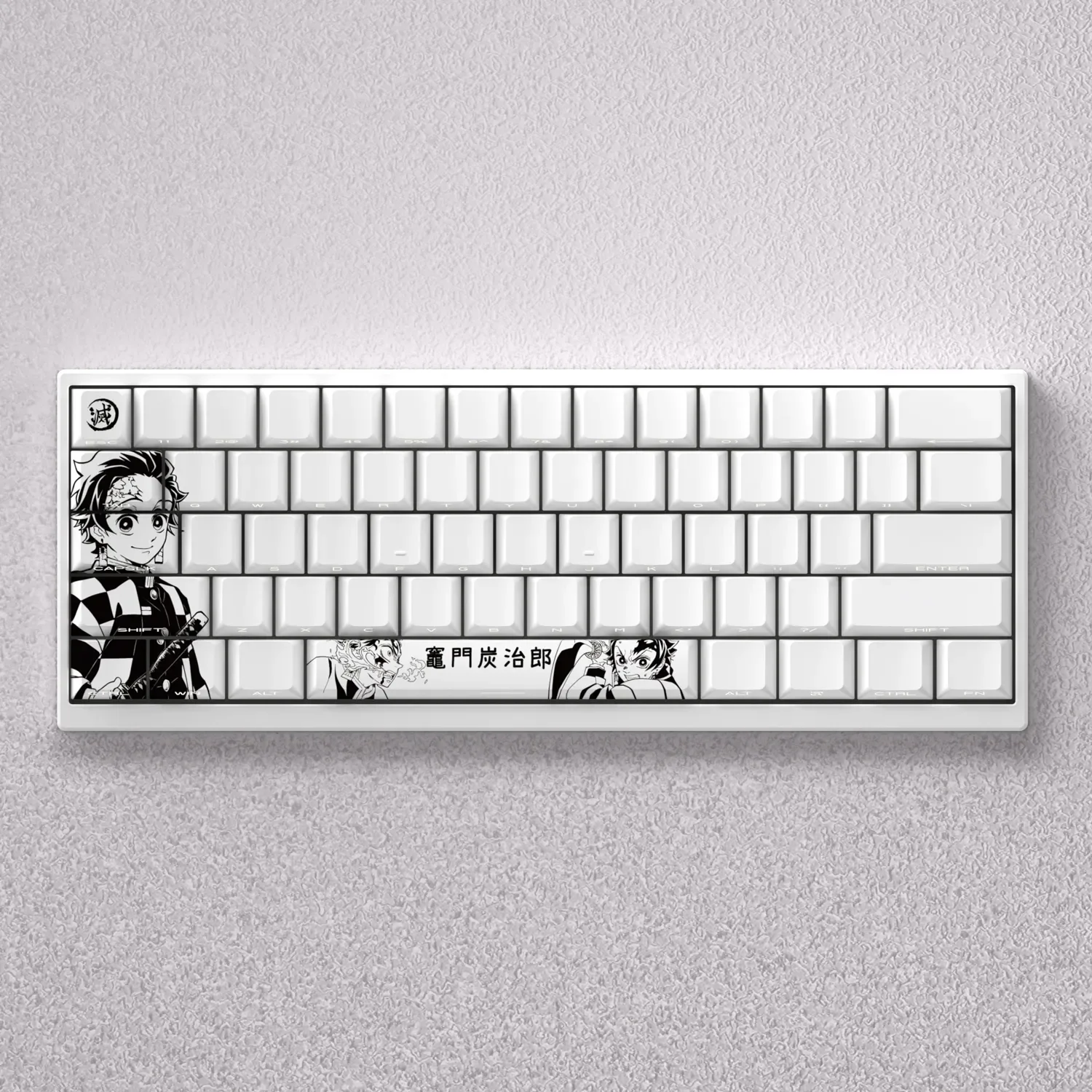 Vibrant Demon Slayer Tanjiro Keycap Set from multiple angles, showcasing the iconic anime design and engraved details on custom mechanical keycaps.