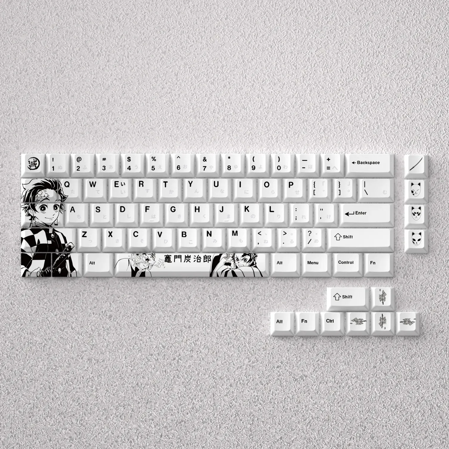 Premium Tanjiro Keycap Set for custom mechanical keyboards, featuring vibrant Demon Slayer art of Tanjiro Kamado with intricate engraved details.