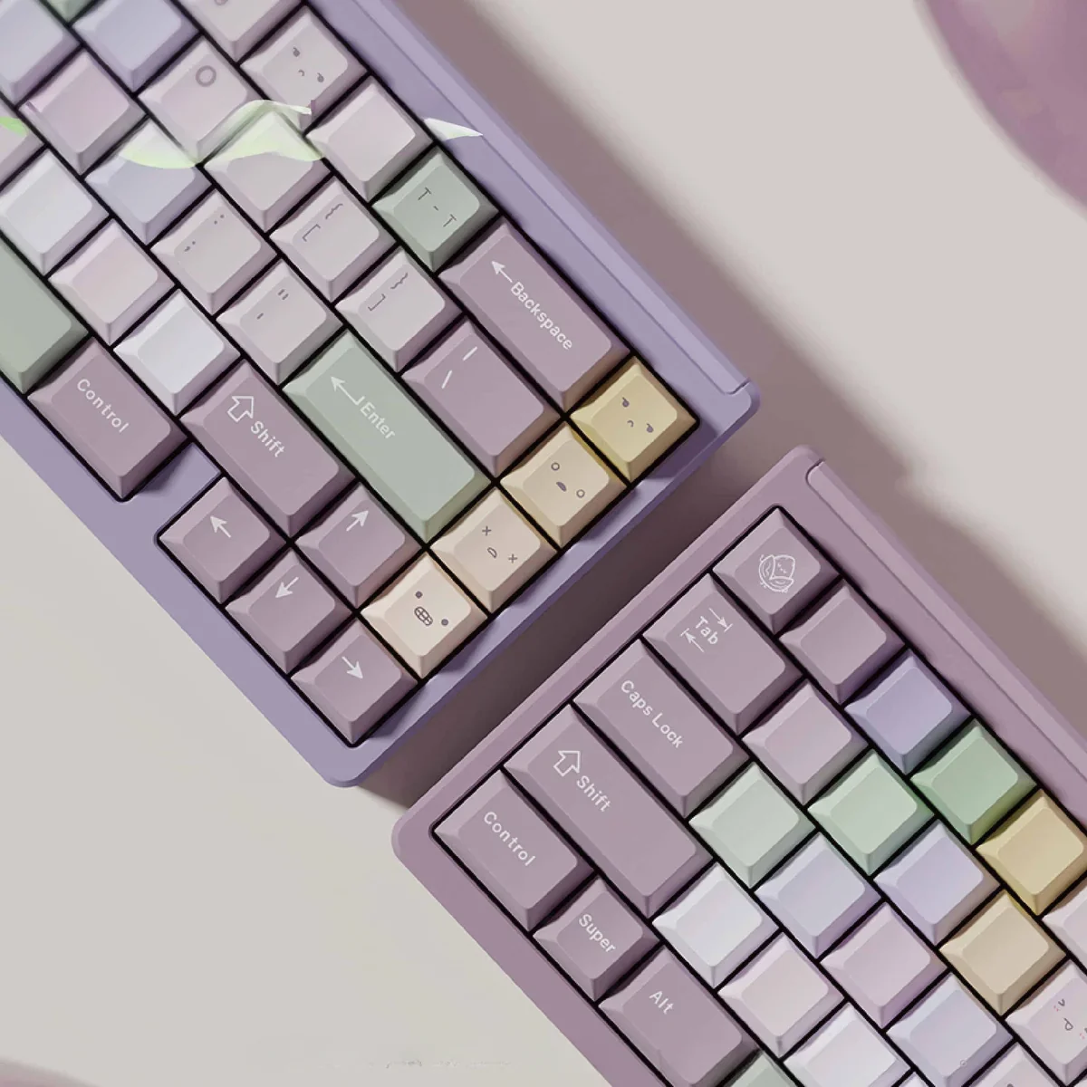 Taro Pistachio PBT keycaps set in a sweet pastel blend of purple, green, and cream, viewed from multiple angles, highlighting their whimsical dessert-inspired.
