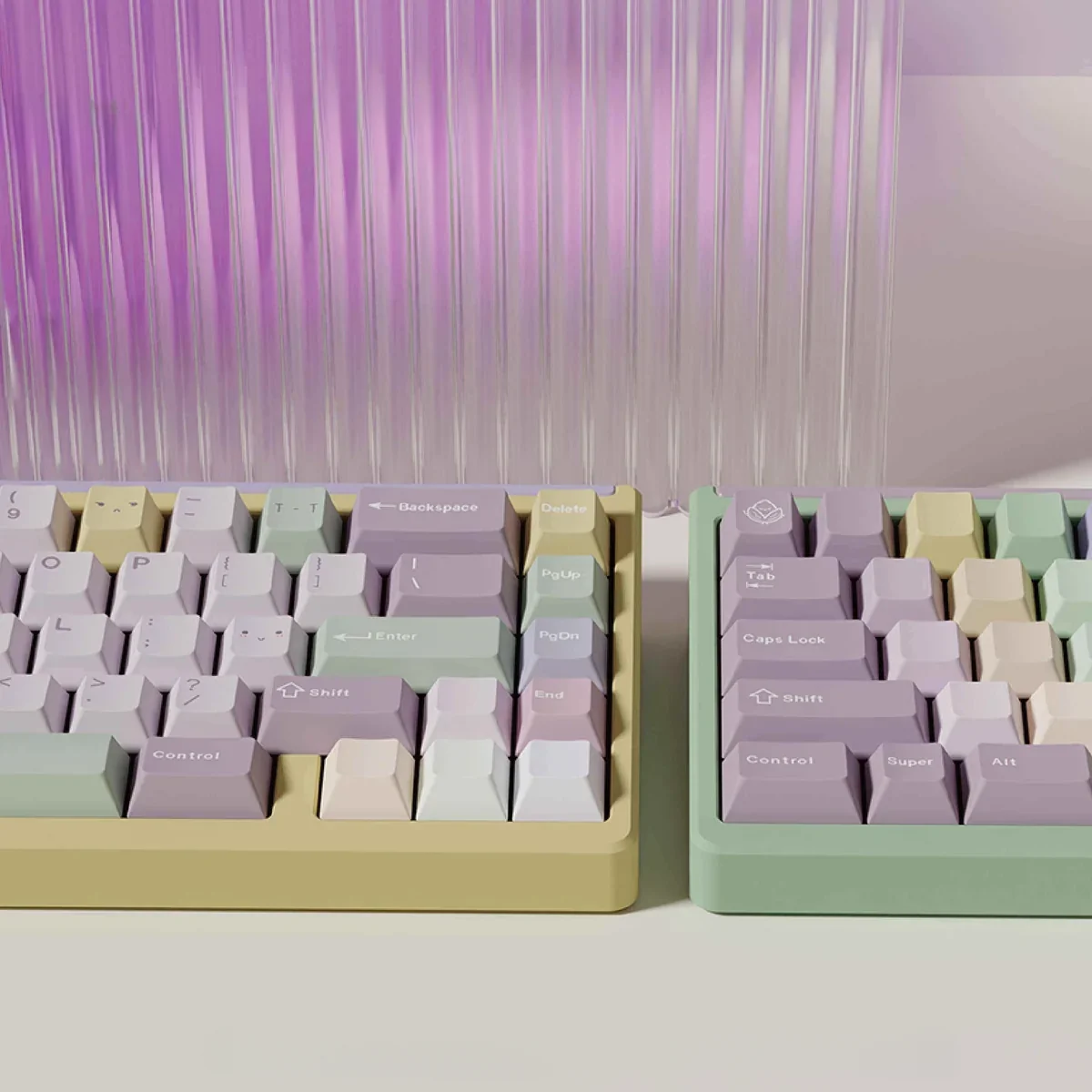 Taro Pistachio PBT keycaps set in pastel purple, green, and cream, showcased from various playful angles, highlighting their unique dessert theme.