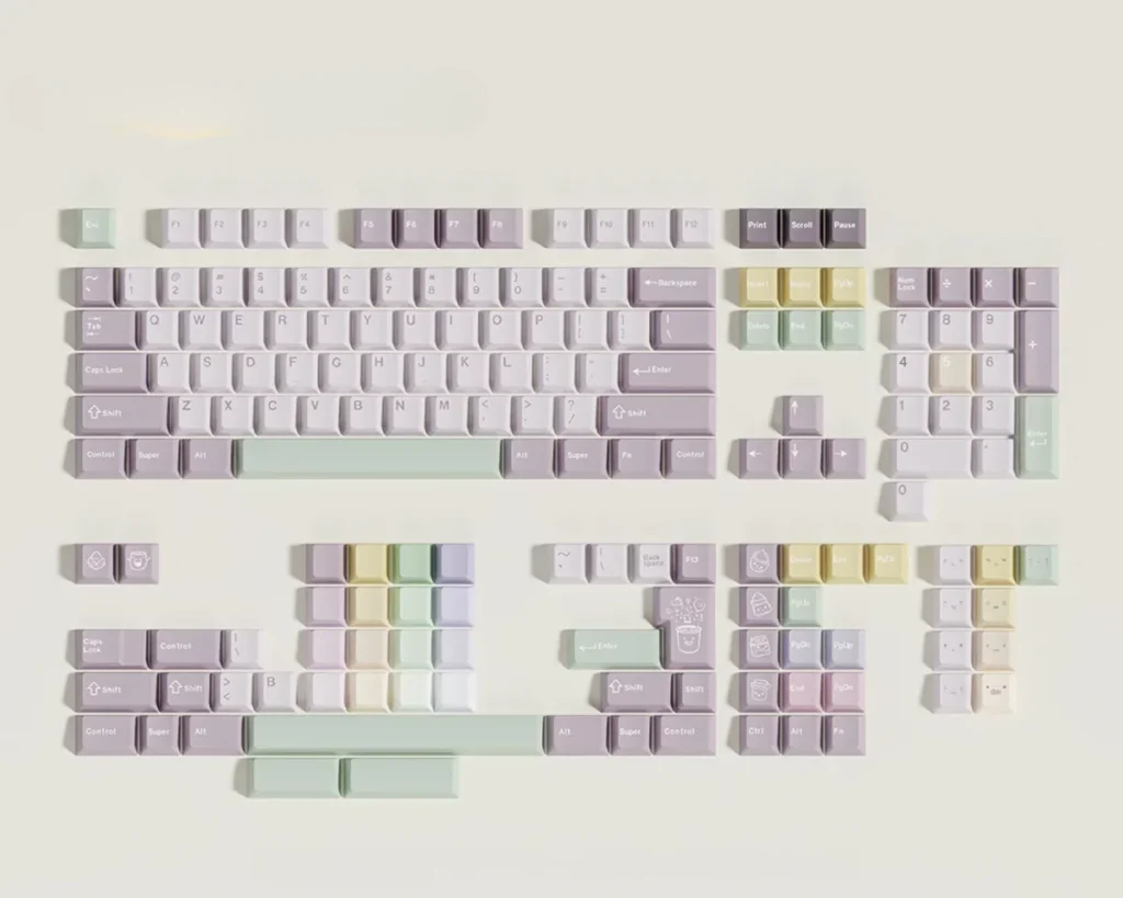 A collection of Taro Pistachio PBT keycaps set showcasing their sweet pastel purple, green, and cream dessert-inspired design from various angles.