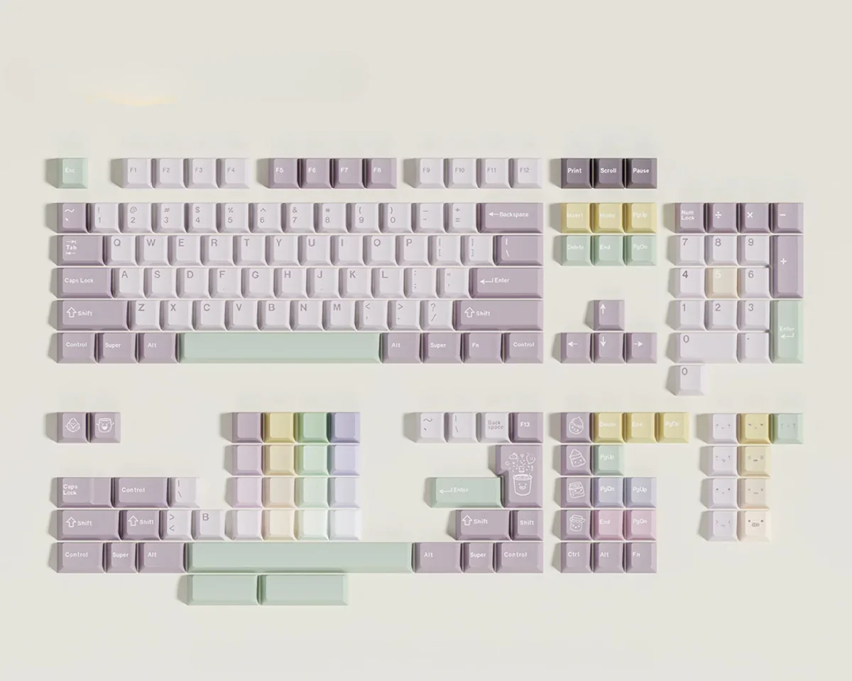 A collection of Taro Pistachio PBT keycaps set showcasing their sweet pastel purple, green, and cream dessert-inspired design from various angles.