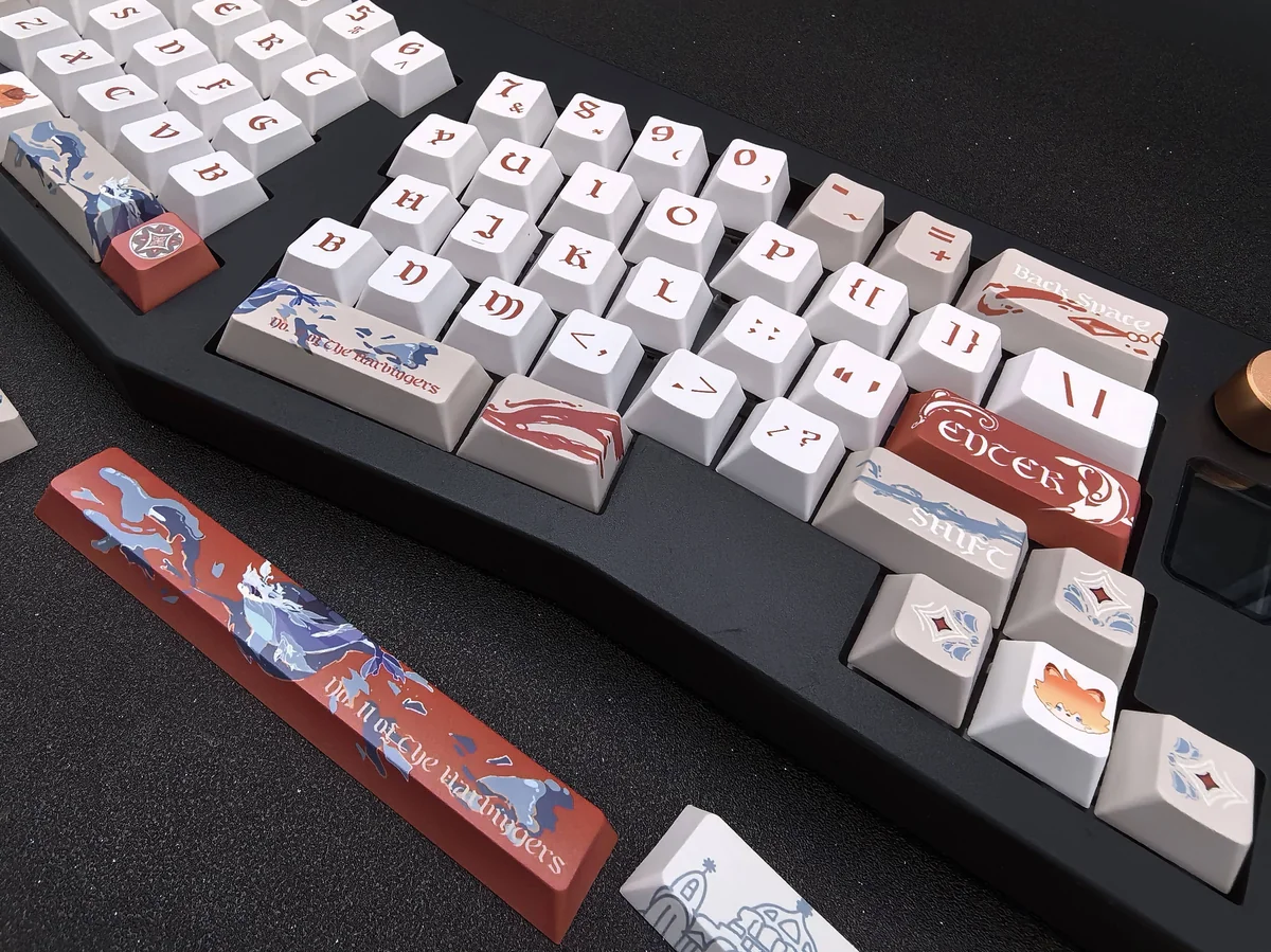 Showcasing the exclusive Tartaglia Genshin Impact keycap set from multiple angles, highlighting its bold hydro-elemental design and premium quality.