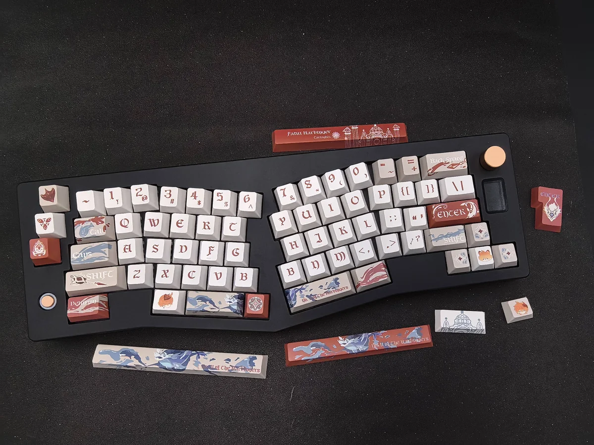 Multiple views of the exclusive Tartaglia Genshin Impact keycaps set, highlighting its bold hydro-elemental design and premium finish.