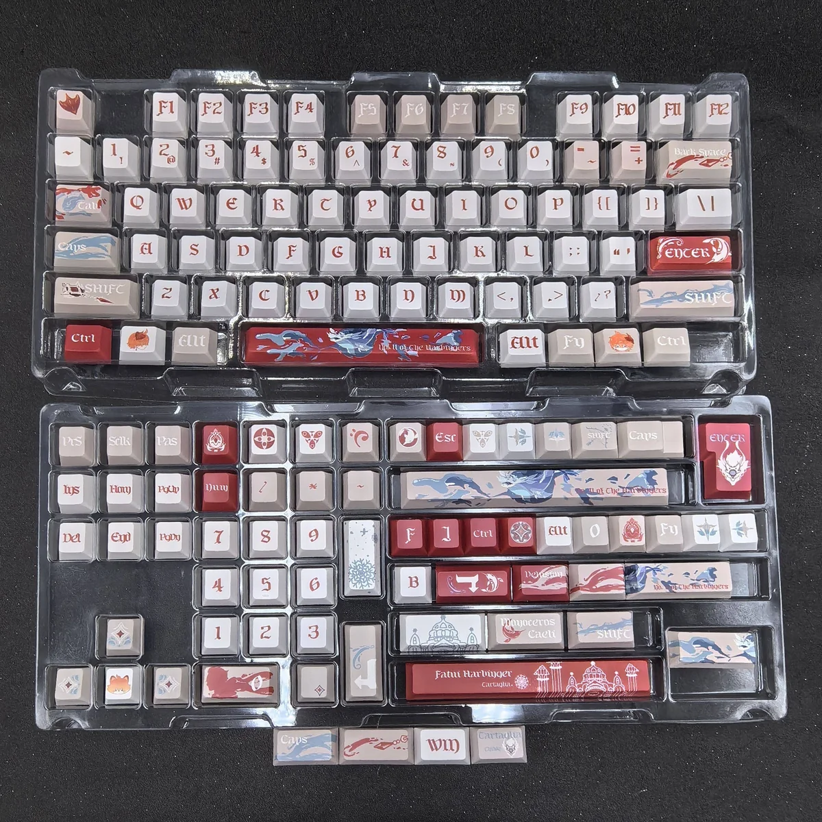 An exclusive Tartaglia Genshin Impact keycap set, featuring bold hydro-elemental designs from multiple angles, highlighting its iconic aesthetic.