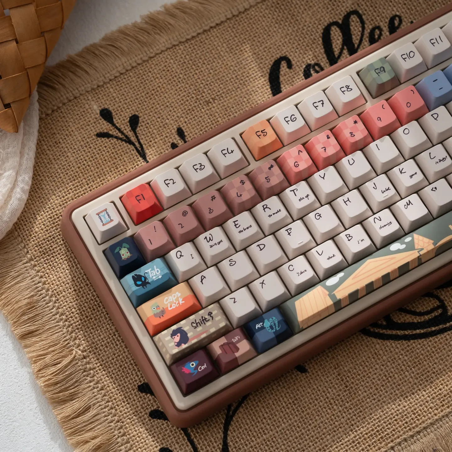 A gallery of the UR82 Vintage Cream Fantastic Beasts themed mechanical keyboard kit, showcasing its whimsical design and customizable features.