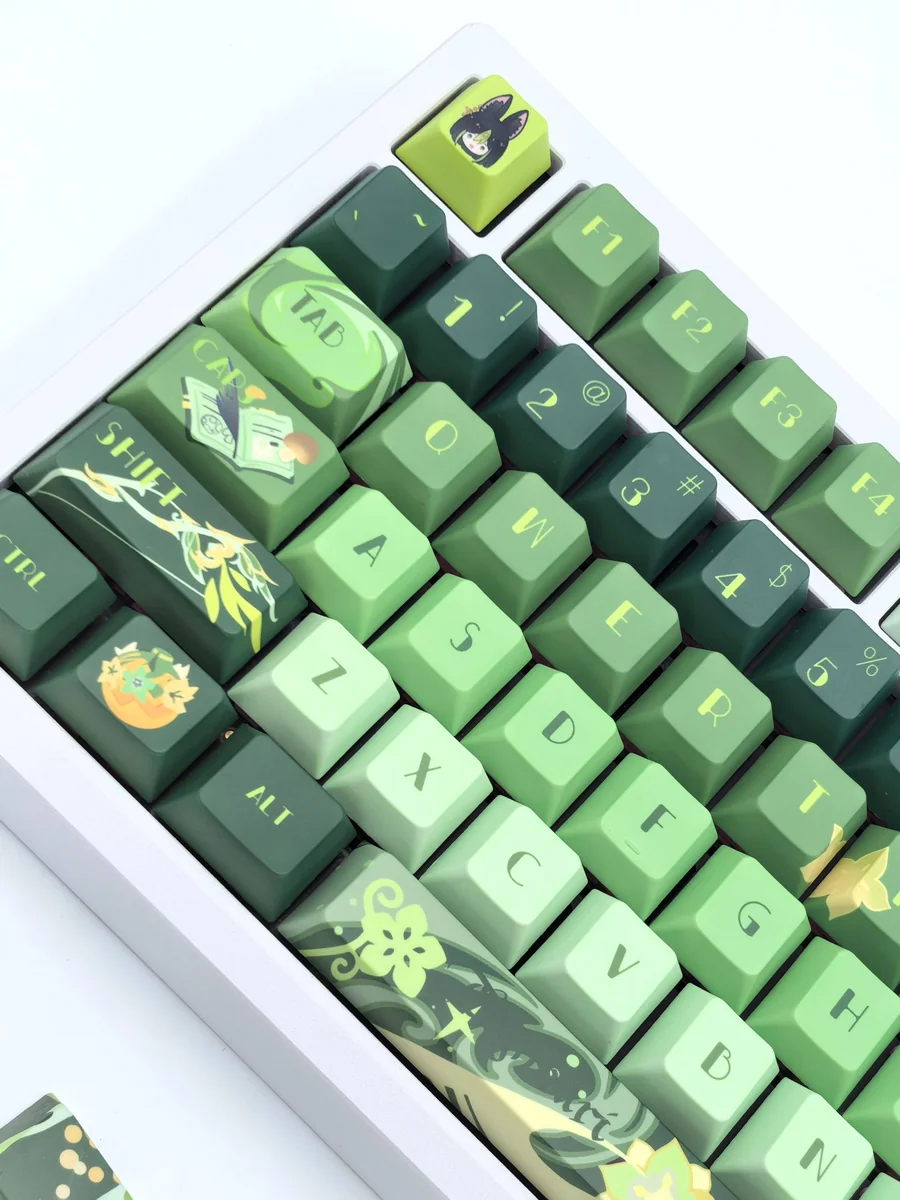 A gallery of Tighnari Genshin Impact PBT keycaps set from multiple angles, highlighting vibrant forest green designs and exclusive character art.