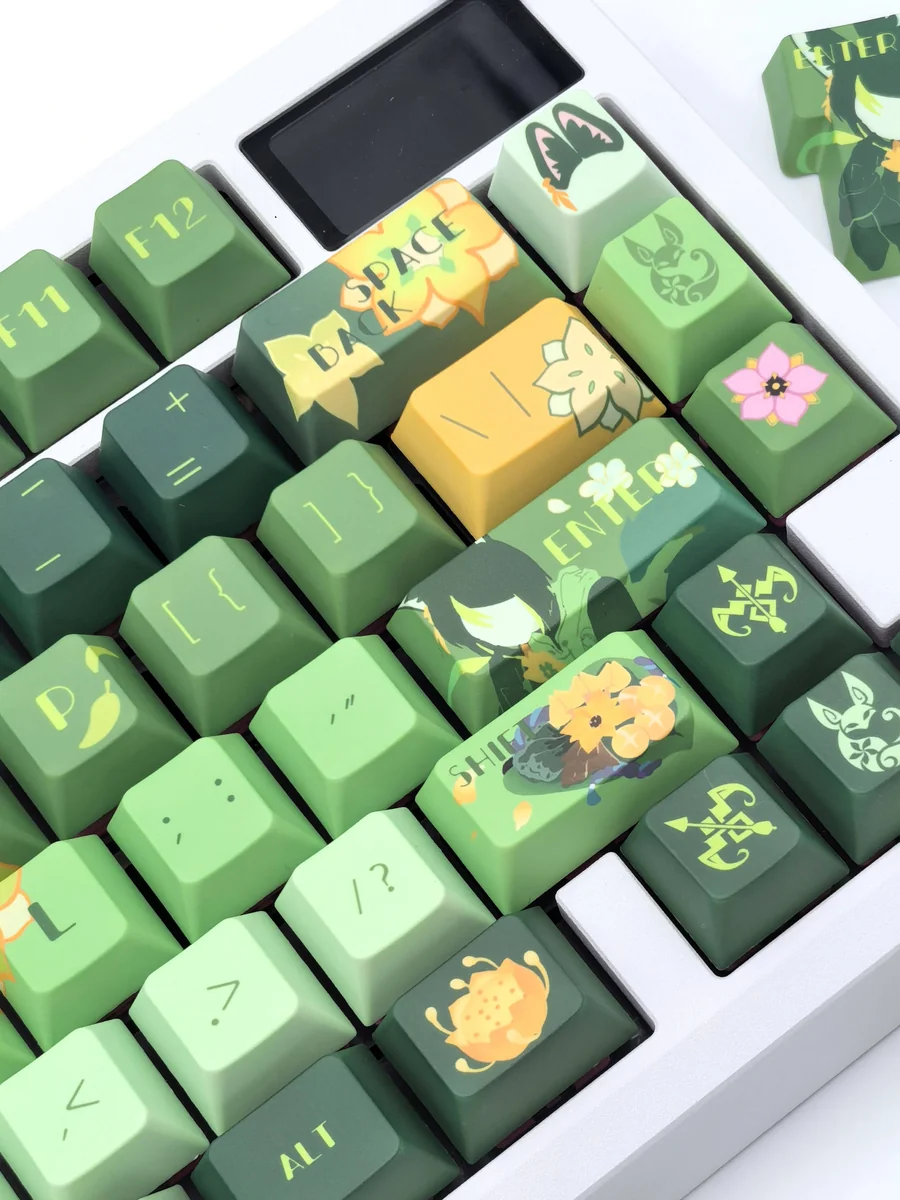 Exclusive Tighnari Genshin Impact PBT keycaps set shown from multiple artistic angles, highlighting vibrant forest green designs and detailed characters.
