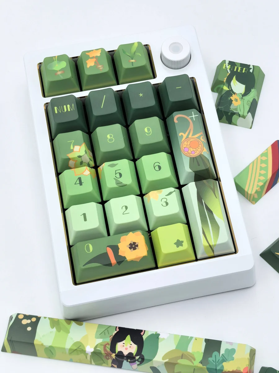 Exclusive Tighnari Genshin Impact PBT keycaps set, displaying vibrant forest green nature motifs and character artistry across the full collection.