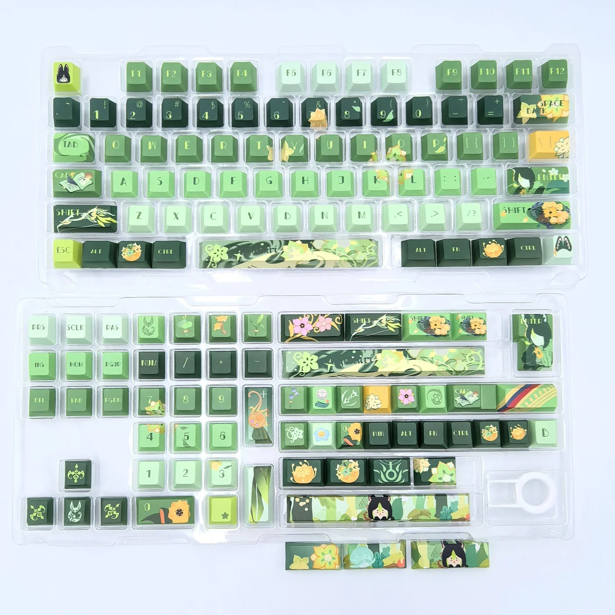 Exclusive Tighnari Genshin Impact PBT keycaps set, showcasing vibrant forest greens, nature motifs, and artistic character details.