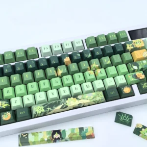 Exclusive Tighnari Genshin Impact PBT keycaps set, showcasing vibrant forest green designs and character artistry for a unique keyboard.