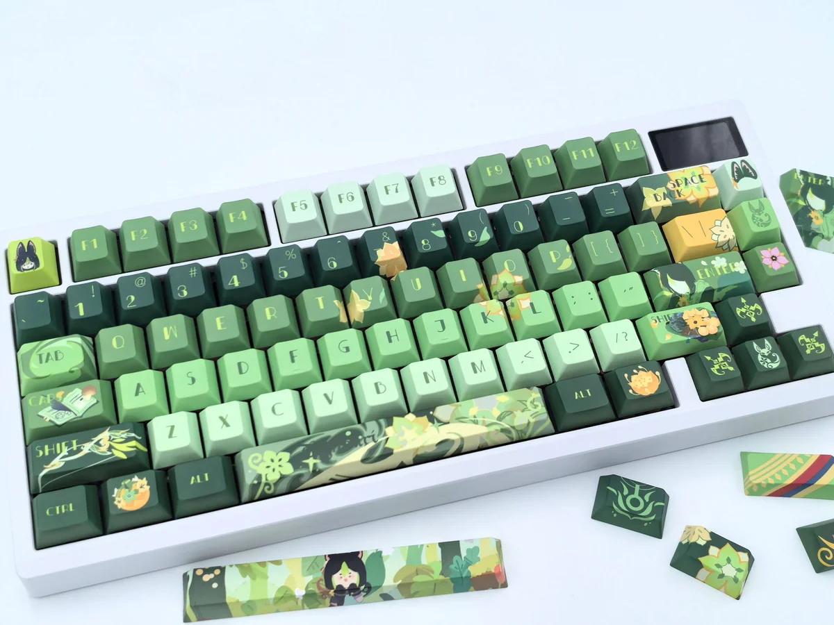 Exclusive Tighnari Genshin Impact PBT keycaps set, showcasing vibrant forest green designs and character artistry for a unique keyboard.