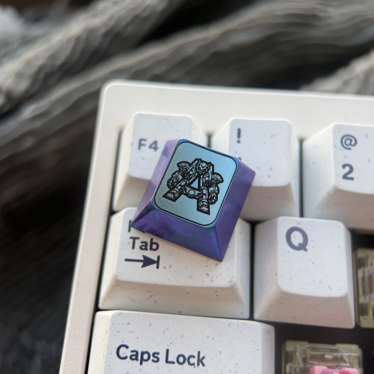 Titanium Gundam WASD gaming keycaps, intricately designed and shown from multiple angles, highlighting their futuristic aesthetic and vibrant design.