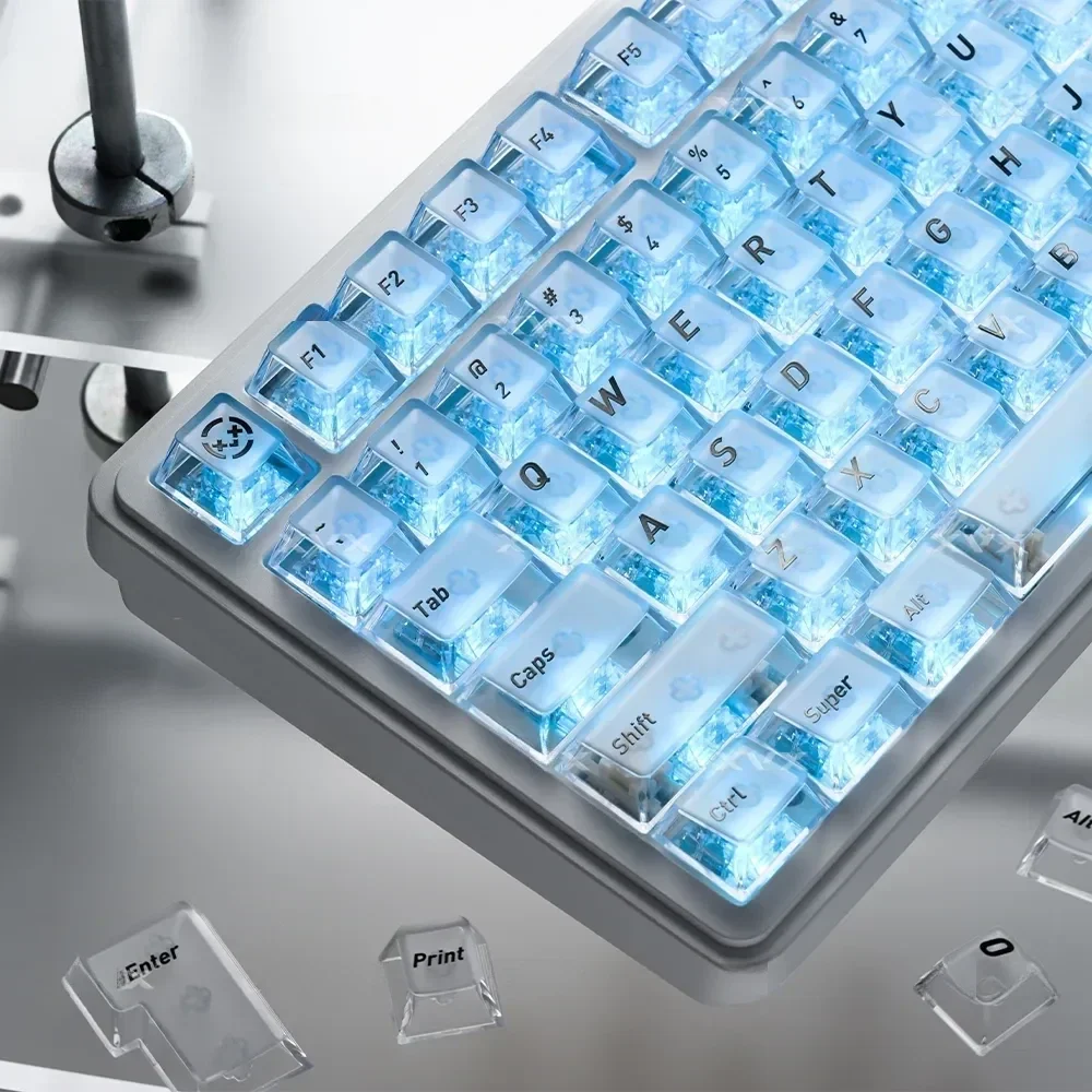 Multiple views of the Ethereal Frosted Translucent PC Keycaps set, showcasing its stunning backlit aesthetics and premium frosted texture.