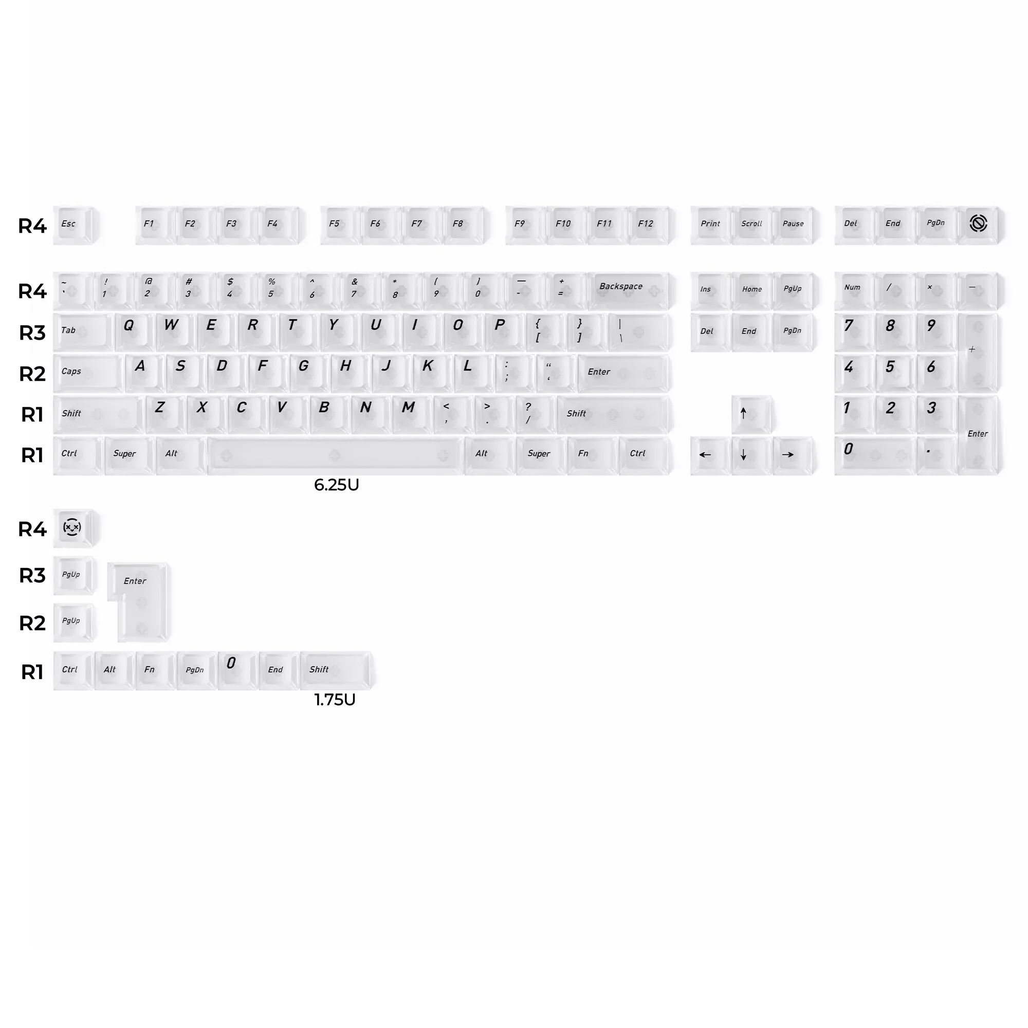 Ethereal frosted translucent PC keycaps set showcase stunning backlit aesthetics, diffusing vibrant RGB light for a premium, captivating desk setup.