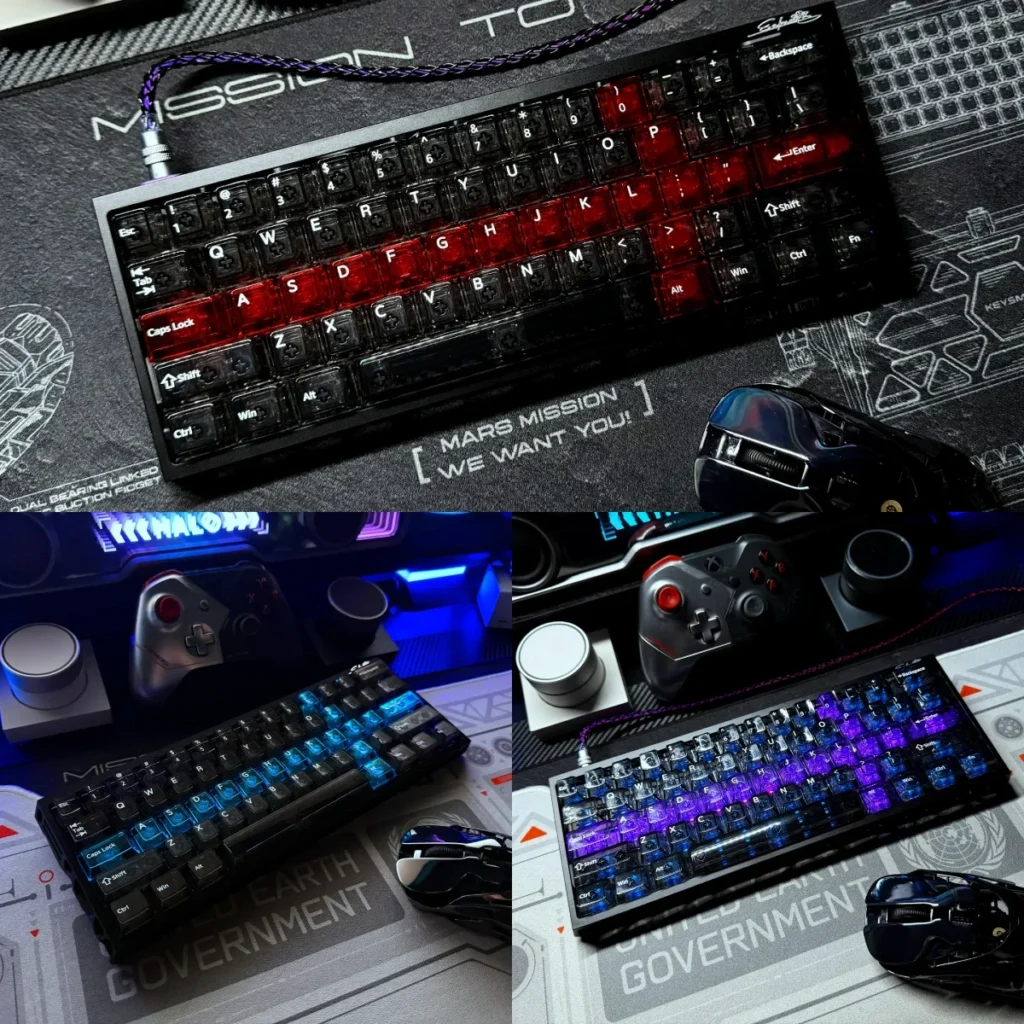 Sleek Crimson Ink Transparent PC Keycaps Set, featuring high-transparency design with bold crimson and deep black contrasts for custom keys.