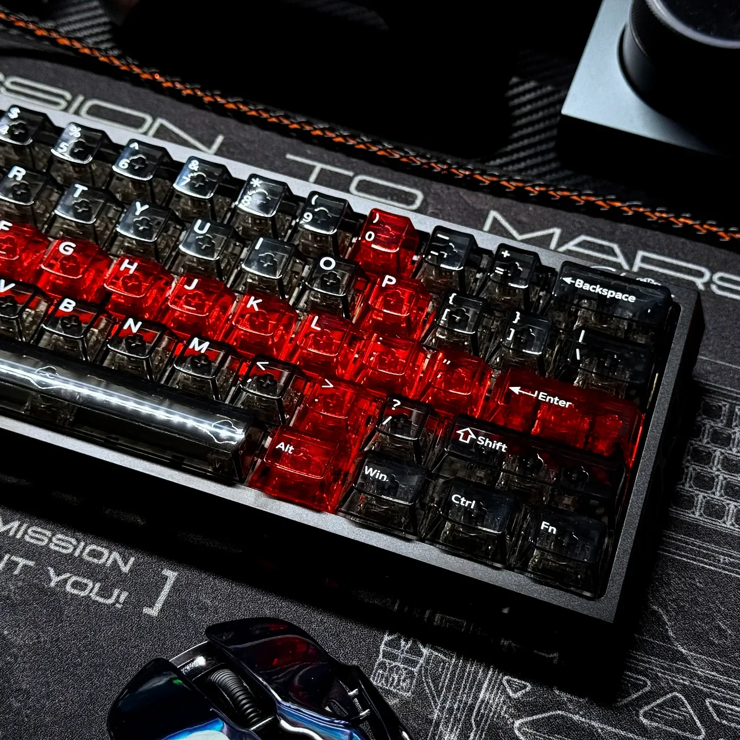 Crimson Ink Transparent PC Keycaps Set gallery, showcasing sleek high-transparency, bold crimson/black contrasts, 250 custom keys, for elegant precision.