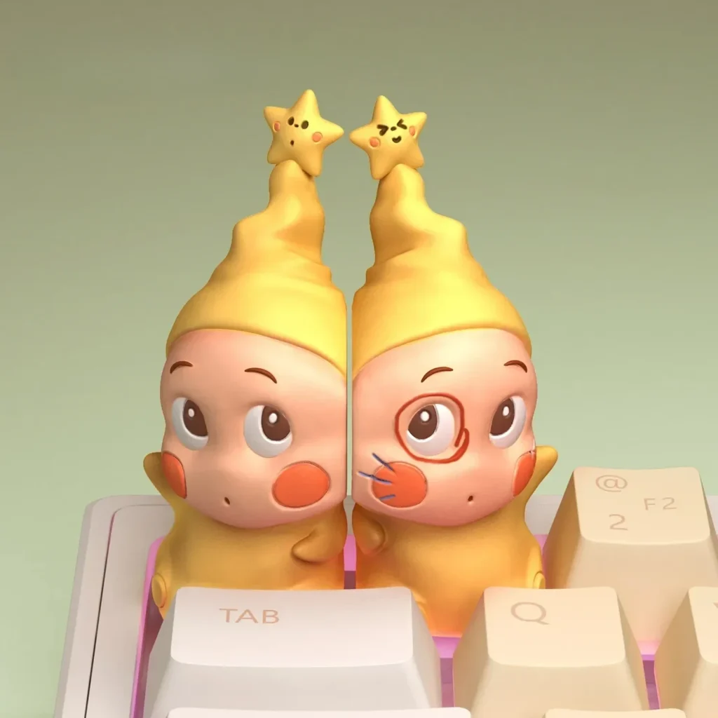 Gallery views of the Twinkle Twinkle Nighty Night Keycaps, emphasizing its handcrafted 3D sculptural details and vibrant cosmic artistry.