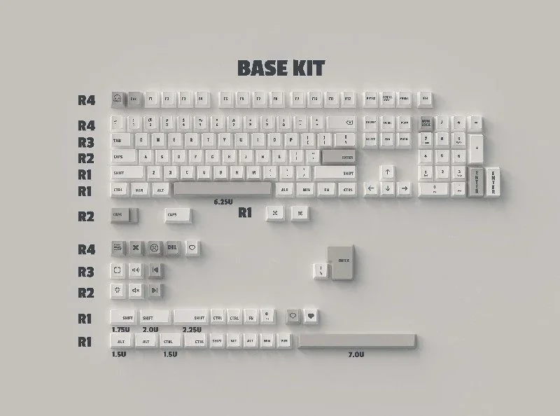 Tyche-One minimalist PBT keycaps from multiple angles, highlighting durable PBT and crisp dye-sub legends for a premium, clean aesthetic.