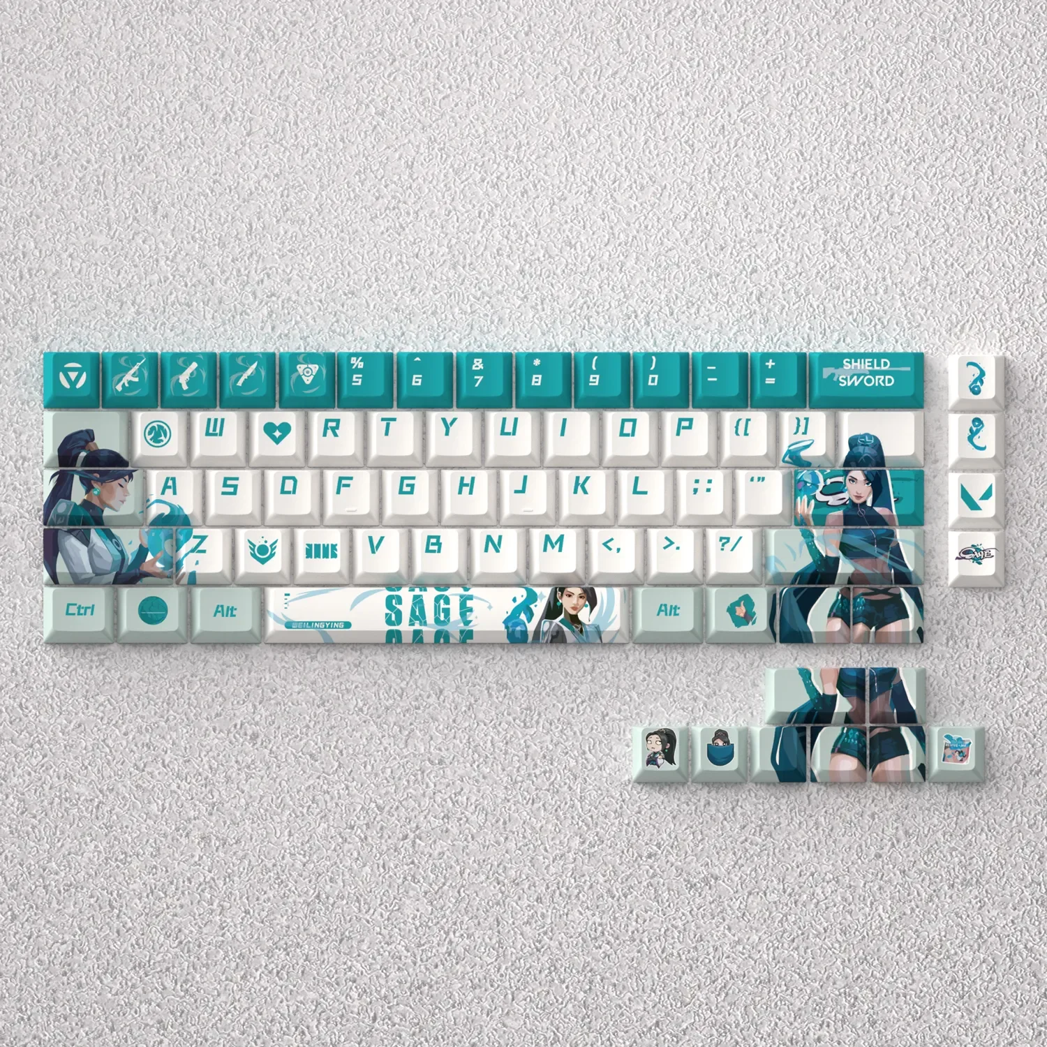 Exclusive Valorant Keycap Set featuring Sages iconic green design and healing motifs, crafted from durable PBT for 60% keyboards.