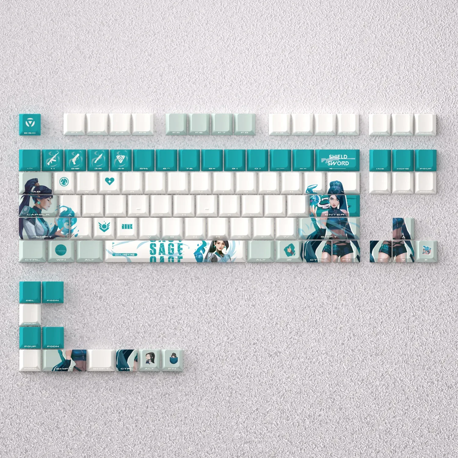 Premium Valorant Sage-themed PBT keycap set for 60% keyboards, beautifully displaying iconic green hues and healing motifs.