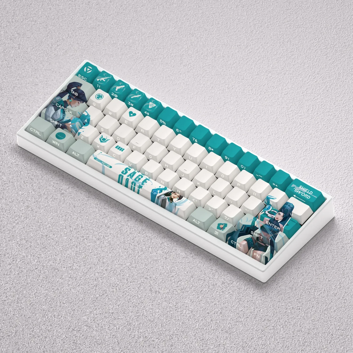 Close-up views of the premium Valorant Sage-themed PBT gaming keycap set highlighting its exclusive design with vibrant green hues and healing motifs.