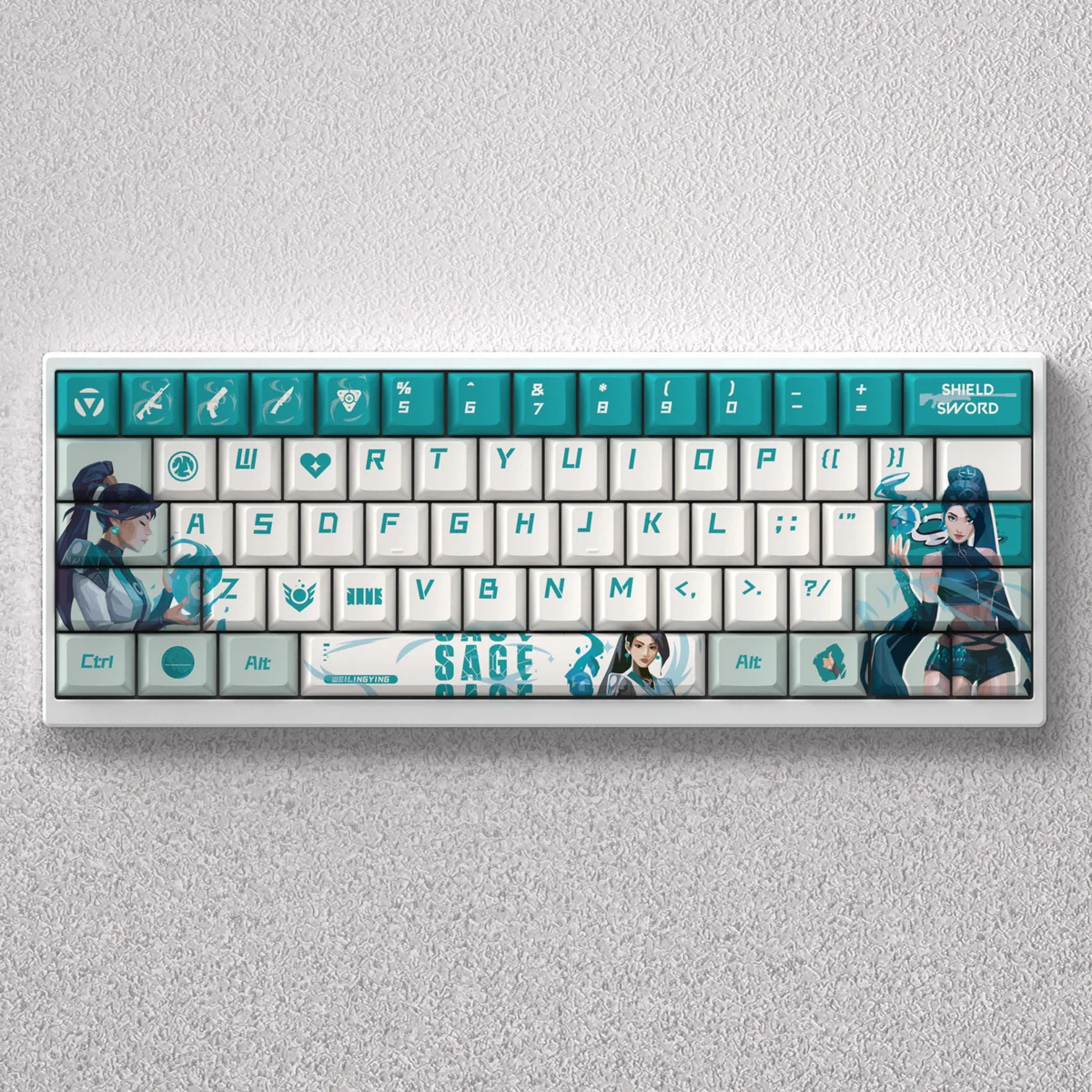 Angled view of Valorant Sage PBT keycaps from the Serene Power Set, showcasing the crisp, mystical dye-sub legends and premium PBT material.