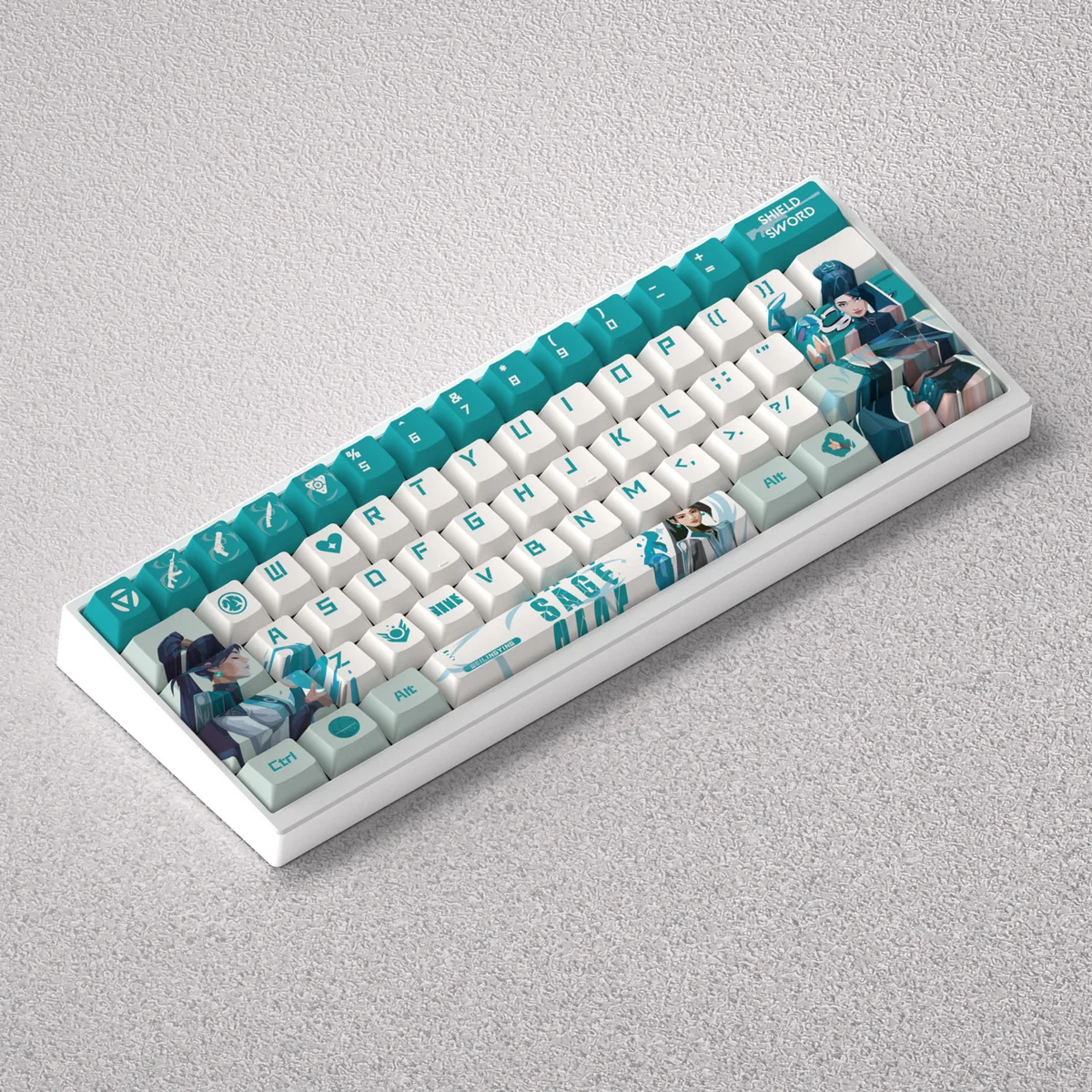 Valorant Sage PBT Dye-Sub Keycaps from the Serene Power Set, showcasing mystical aesthetics and crisp legends from multiple angles.