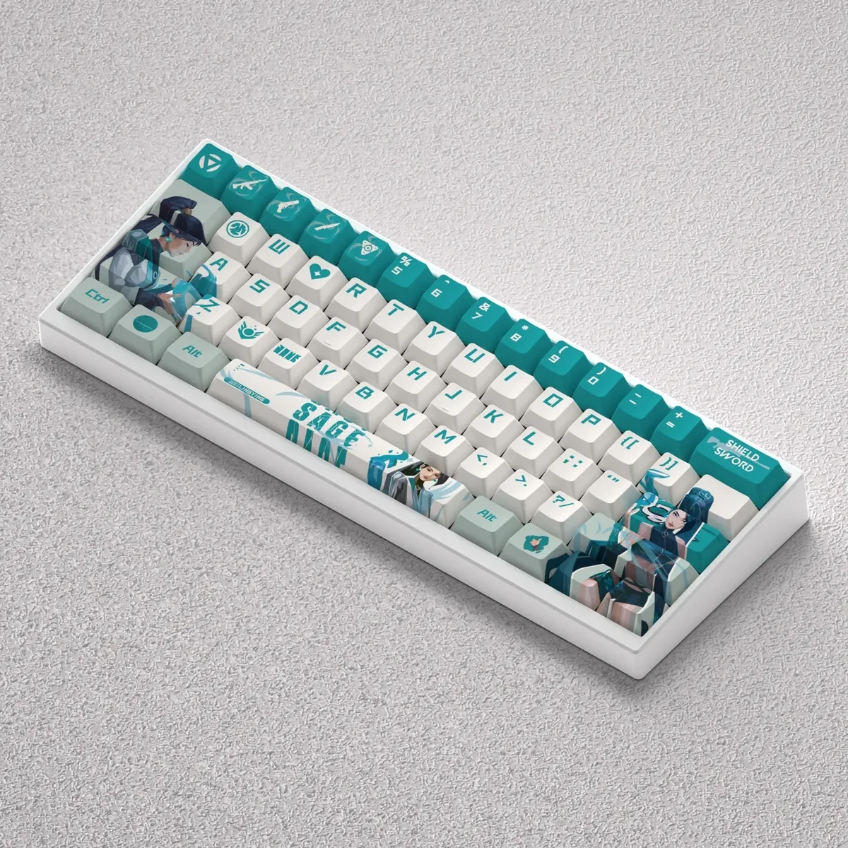 An angled, detailed view of the Valorant Sage PBT Keycaps from the Serene Power Set, highlighting their mystical dye-sub legends and premium PBT quality.