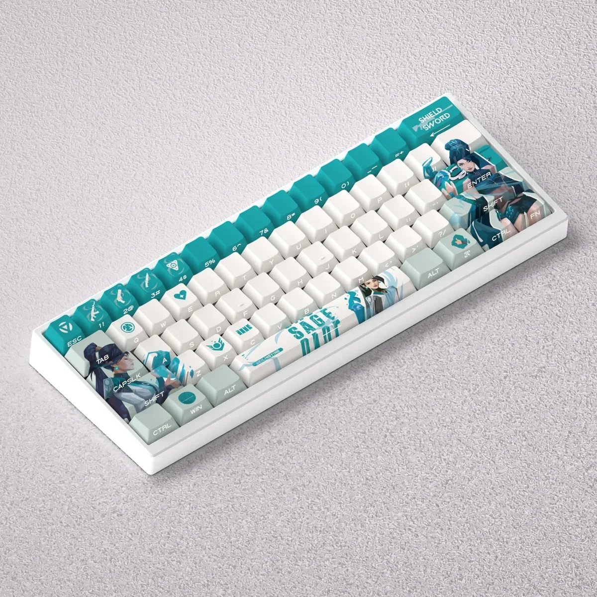 Serene Valorant Sage PBT keycaps, featuring crisp dye-sub legends and mystical artistry, captured from various premium angles.