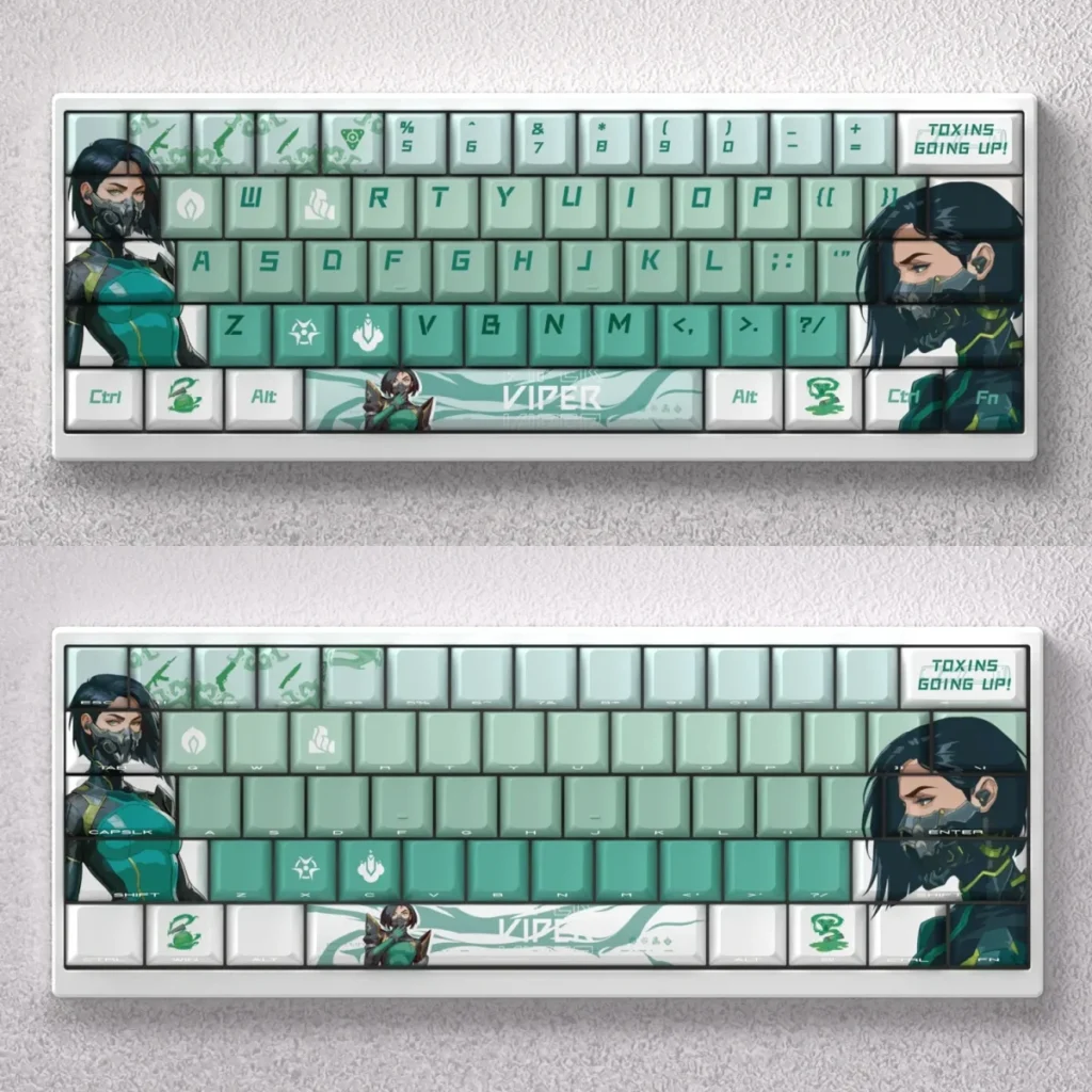 Dynamic Valorant Viper Keycap Set, tactical PBT Dye-Sub set for gaming mechanical keyboards, with vibrant green accents and sleek snake motif.