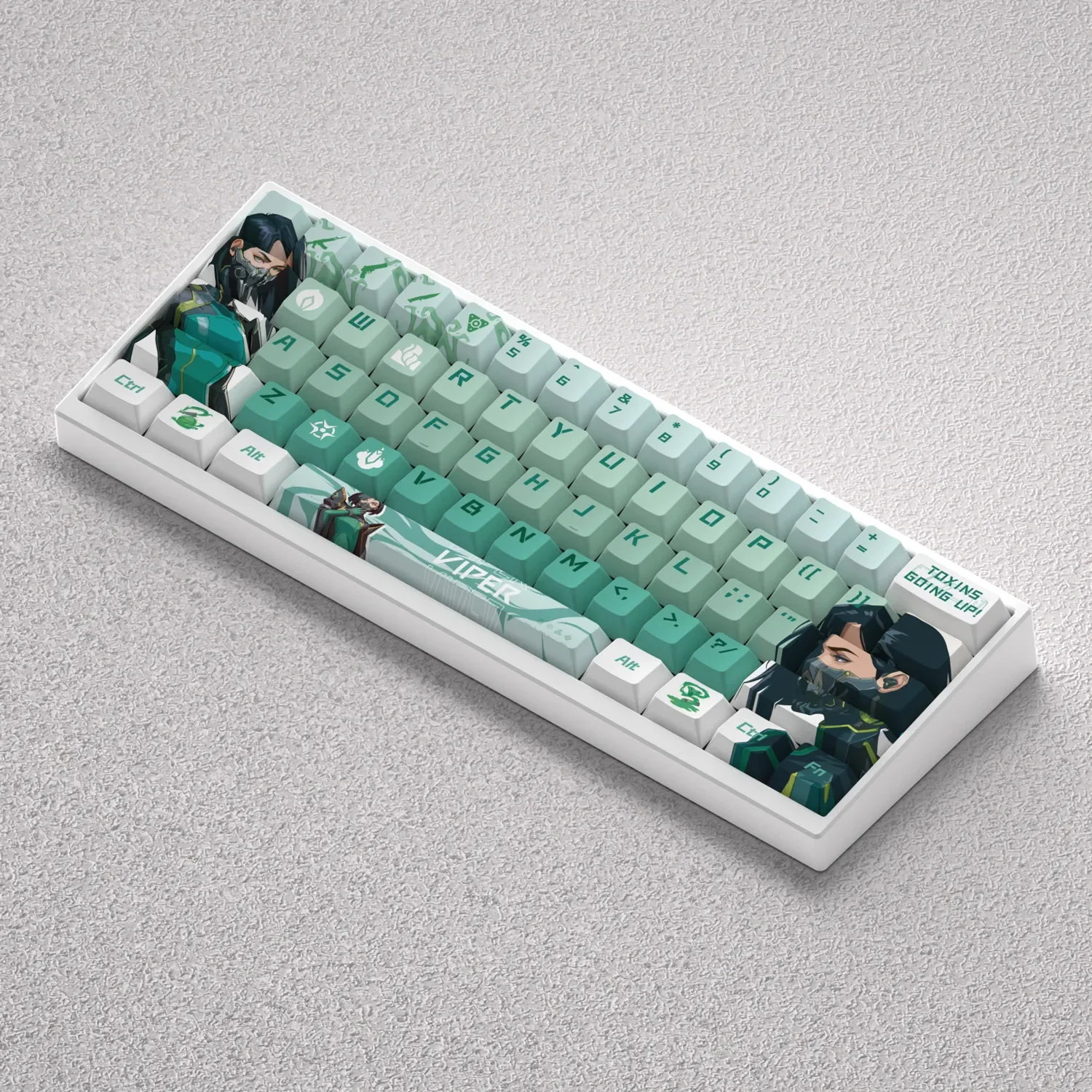 Valorant Viper Keycaps Set gallery: tactical PBT Dye-Sub set with vibrant green accents and snake motif, perfect for custom mechanical gaming keyboards.
