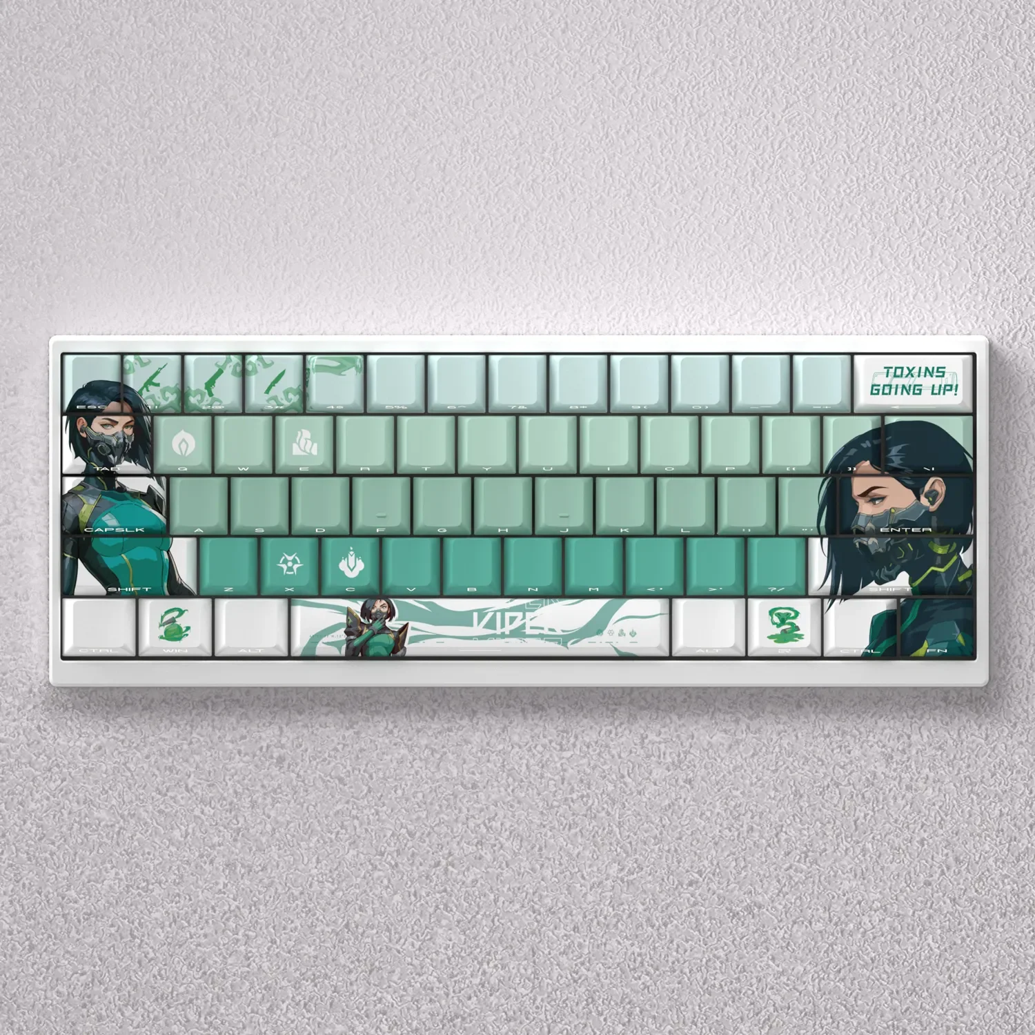 Valorant Viper PBT Dye-Sub keycap set for gaming mechanical keyboards, showcasing multiple angles of the sleek tactical design with vibrant green design.