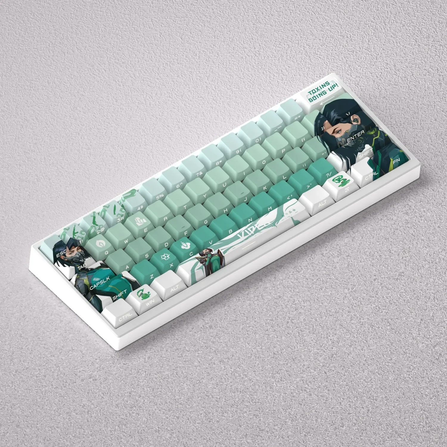 Valorant Viper PBT Dye-Sub Keycap Set in various views, highlighting sleek tactical edges, vibrant green accents, and the signature snake motif.