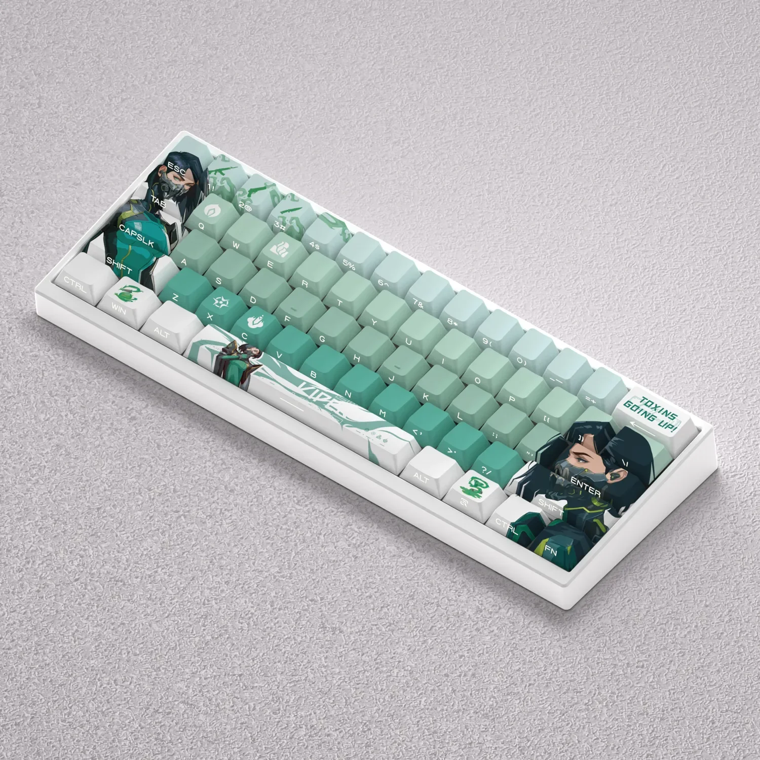 Dynamic Valorant Viper PBT Dye-Sub Keycaps set for gaming mechanical keyboards, showcasing sleek design, tactical edges, and vibrant green snake design.