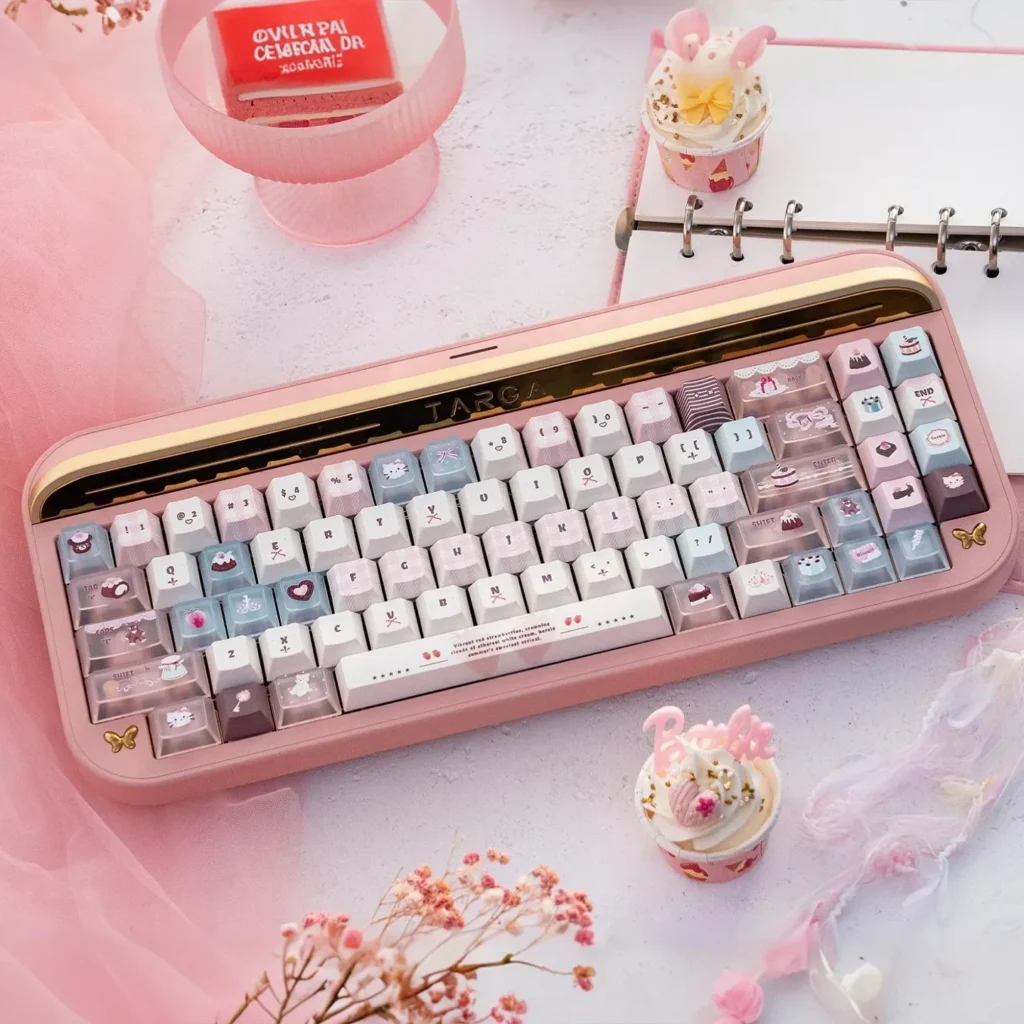 Velvet Frosted Strawberry Keycap Set. PBT+PC translucent set shown from multiple angles, highlighting soft glow and unique texture for whimsical design.